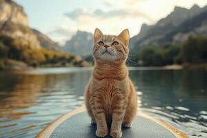 a cat perched confidently on a paddleboard in the middle of a calm lake, scenic mountain backdrop with soft golden hour lighting photo