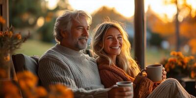 a couple sitting on their porch, clinking coffee mugs and laughing, scenic morning backdrop with blank right side for copy space, soft warm lighting photo