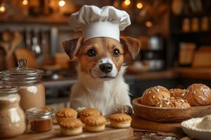 A dog, wearing a hat, sits at the kitchen counter photo