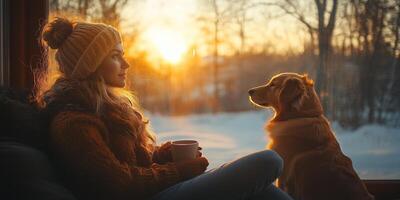 A dog and its owner share a peaceful sunrise, sipping coffee and feeling pure contentment photo