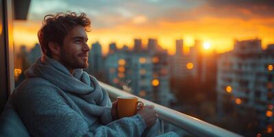 A man relaxes in pajamas with a cup of coffee, soaking in the city view from his balcony photo