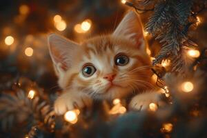 A mischievous kitten climbs the Christmas tree, eyes sparkling with curiosity photo