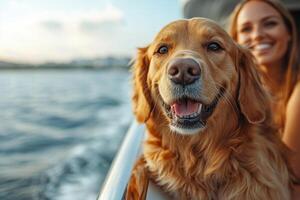 a family with their dog on the deck of a yacht, the dog leaning over the railing, bright sunny day with calm waves in the background photo