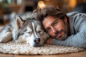 A man relaxes on the floor with his fluffy dog, enjoying a blissful, intimate moment photo