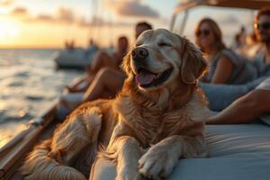 a labrador dog enjoys the warmth of the sun on the yacht deck, sailing through the sea photo