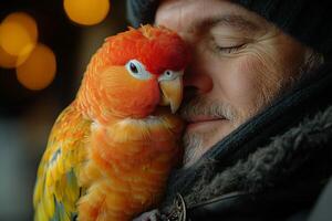A man enjoys a tranquil moment with his parrot on his shoulder, radiating bliss photo