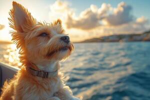A small dog sits happily on the yacht deck, enjoying the sunlight and ocean breeze photo