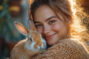 a woman hugging her rabbit while sitting on the porch, surrounded by potted plants, warm golden hour light photo