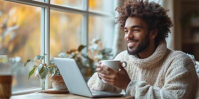 a man savoring his morning coffee while working on his laptop, minimalist workspace with copy space on the right, calm natural light photo