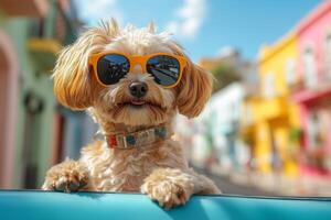 A small dog with sunglasses sits in the front seat of a vintage car, gazing out the window at the city photo