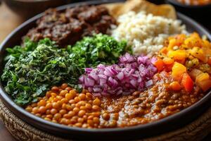 a platter of Ethiopian injera topped with various colorful wot, including lentils, greens, and chicken, placed on a traditional basket table with soft natural lighting photo