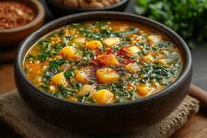 a Nigerian dish of egusi soup with pounded yam, featuring vibrant greens and spiced melon seeds, served in a traditional clay bowl photo