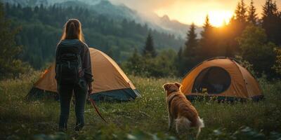 a young woman hiking with her dog on a leash, both standing near a tent in a lush green meadow, blank right side for copy space, bright natural light photo