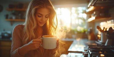A woman enjoys a fresh cup of coffee in the sunlight, her face glowing with contentment photo