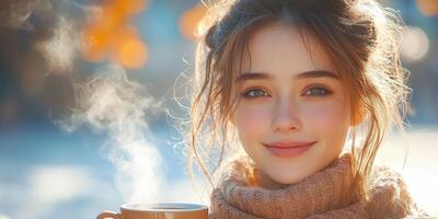 A girl smiles while holding a coffee mug, radiating happiness and satisfaction photo