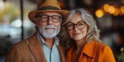 an elegant senior couple dressed in matching outfits, posing together in a bright urban setting photo