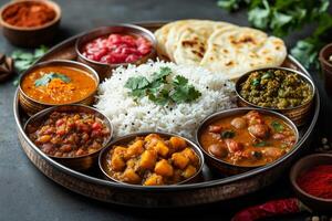 an Indian thali, with a variety of colorful curries, dal, rice, roti, and pickles, served on a traditional metal platter, surrounded by spices and herbs photo