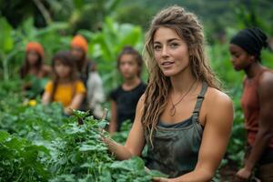 a woman teaching a group of younger farmers sustainable farming practices, demonstrating with tools and seeds, with crops and trees surrounding the group, soft natural lighting photo