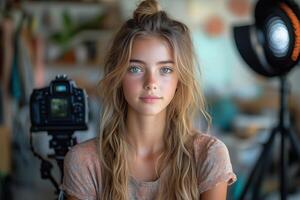a teenage girl filming a tutorial for her online channel, surrounded by camera equipment, props, and a ring light photo