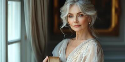 an older woman in an elegant evening gown, holding a clutch, standing near a window in a luxury interior, blank space on the right for text, soft diffused lighting photo