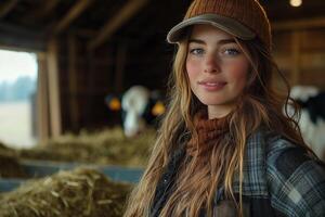 a woman running a small dairy farm, standing with her hands on her hips beside cows in a barn, with hay and feeding troughs in the background photo