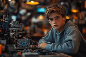 a teenage boy assembling a prototype of his invention in a workshop, surrounded by tools, electronics, and 3D-printed parts photo