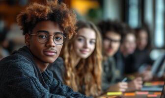 a group of teens brainstorming ideas for their social media marketing business, writing on sticky notes, using a laptop, and sharing ideas photo