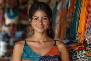 a female entrepreneur in a rural marketplace, showcasing locally made crafts to customers, standing proudly behind a stall filled with colorful products photo