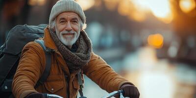 a senior man in a casual yet trendy outfit, leaning on a bicycle near a waterfront photo