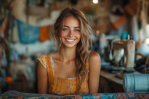 a female tailor in her small sewing workshop, smiling as she measures fabric on a table photo