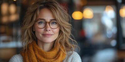 a woman leading a team discussion in a local cafe, reviewing notes and brainstorming ideas photo