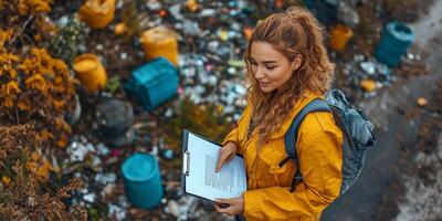 a woman leading a team of volunteers in a community cleanup project, holding a clipboard and giving instructions, with volunteers collecting trash in the background photo