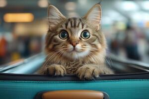 a cat curiously sitting inside a suitcase on an airport conveyor belt, looking around with wide eyes, bright and busy terminal background, natural lighting photo
