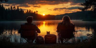 a couple sitting on camping chairs with their cat in a pet carrier beside them, enjoying the sunset by a lake, blank right side for text, soft evening light photo