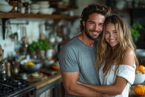A joyful couple prepares breakfast, enjoying a spontaneous and romantic morning in the kitchen photo