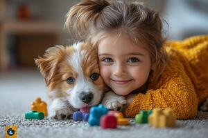 A joyful child lies on the floor, cuddling a puppy in a warm, homely moment of love photo