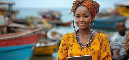 a woman managing a small fisheries cooperative, holding a tablet and discussing logistics with others beside boats photo