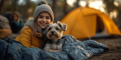 a family camping together, their small dog sitting happily in a childs lap by the tent, forest surroundings with copy space on the right, natural morning light photo
