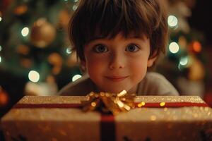 a child excitedly unwrapping a gift, sitting by a Christmas tree with warm fairy lights in the background, soft festive lighting photo