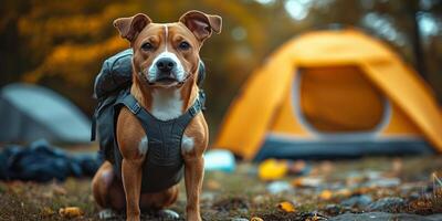 a dog wearing a small backpack, standing proudly at a campsite with a tent in the background, empty right side for copy, bright sunny day with clear blue skies photo