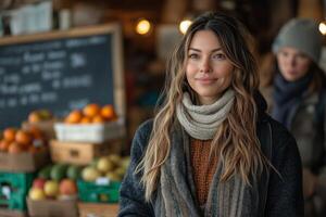 a woman running a community co-op, explaining finances to members seated in a small wooden building, with a chalkboard and stacks of local produce in the background photo