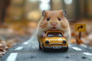 a hamster riding in a toy car on a miniature road, playful setup with small road signs and trees, even studio lighting photo