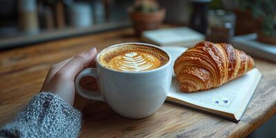 A cheerful morning scene with a coffee cup, a croissant, and a book held by a relaxed hand photo