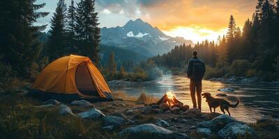 A man and his dog play fetch by a campfire, surrounded by the beauty of the mountain and nature photo