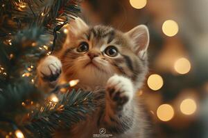 a kitten climbing on a Christmas tree, tangled in string lights and looking mischievously at the camera, cozy holiday interior with warm lighting photo