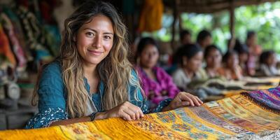 a female entrepreneur running a small textile cooperative, demonstrating weaving techniques to a group of women, surrounded by vibrant fabrics photo