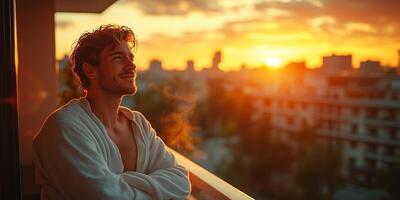 a man in cozy pajamas enjoying a cup of coffee on his balcony, overlooking a peaceful cityscape, blank space on the right for copy, soft golden hour light photo