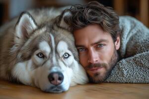 A man and his fluffy dog lie on the floor, enjoying a cozy, relaxing moment together photo