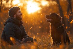 A man and his dog share a joyful moment in the field, bathed in sunlight photo