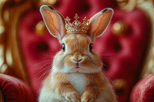 a rabbit wearing a tiny crown, sitting regally on a miniature throne, playful royal-themed setup with soft studio lighting photo